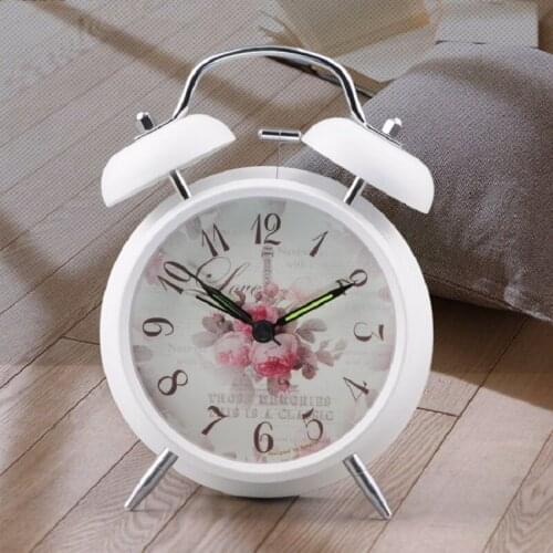 Vintage Alarm Clock With Floral Pattern Background Number Silent Night Function Alarm Clock Metal Twin Double Bell