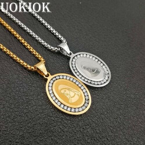 Hip Hop Iced Out Bling Virgin Mary Pendant Necklace Gold Color Stainless Steel Chain For Women Christian Jewelry Madonna XL1303