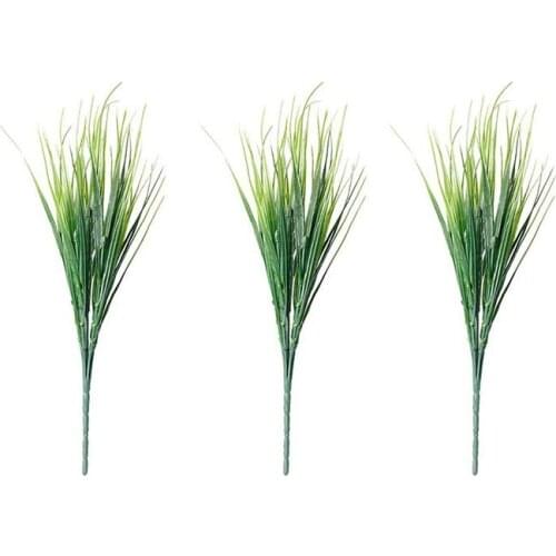 AT69 -Artificial Grasses 12 Bundles Outdoor UV Resistant Fake Grass No Fade Faux Plastic Plants Garden Window Box Decorating