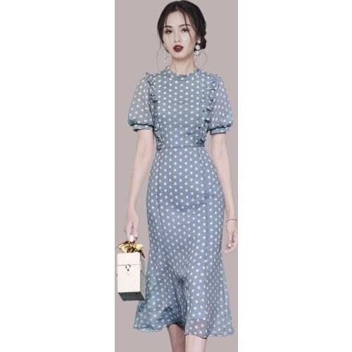 Chiffon Summer Dress Elegant Vintage Ruffles Blue Purple Women Dresses Bodycon Bandage Midi Sundress Party Sexy Korean Clothes