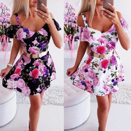 Summer Party Women Sexy Floral Print V-neck Off Shoulder High Waist Mini Dress