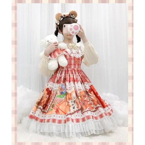Sweet lolita strap dress vintage bowknot cute printing high waist princess victorian dress kawaii girl gothic lolita cos loli