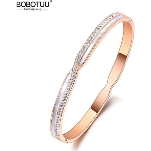 BOBOTUU Trendy CZ Crystal 5mm Cuff Bangles For Women White Shell Titanium Stainless Steel Bracelets Jewelry For Women BB20188
