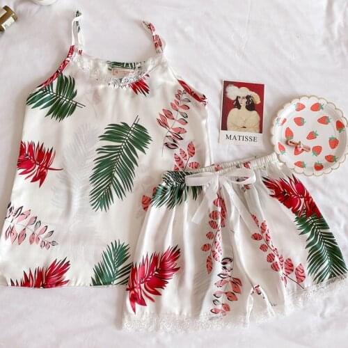 Pajamas For Women Sexy Lace Sleepwear Silk Flower Print nightgown Summer With Shorts Sleeveless Pyjamas Casual Nightwear