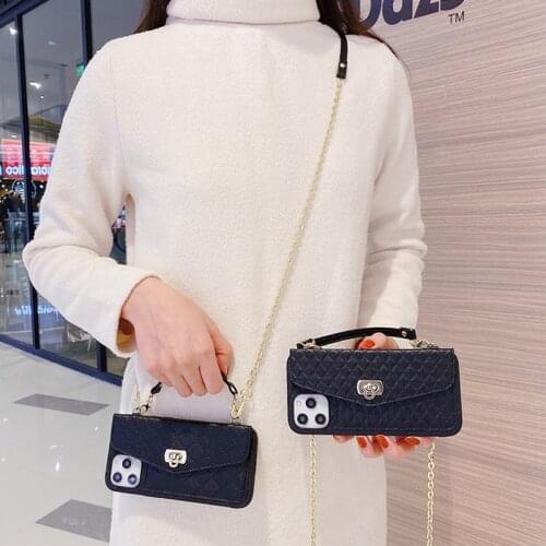 For iphone 12 mini 11 pro max 7 8 plus se 2020 case cover wallet card luxury grid strap chain belt shockproof phone bag capa fun