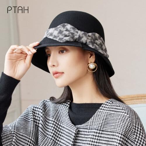 [PTAH] New Fedoras For Womens Temperament Elegant Church Autumn Winter Bow Hat Cap 100% Australian Wool Party Caps High Quality