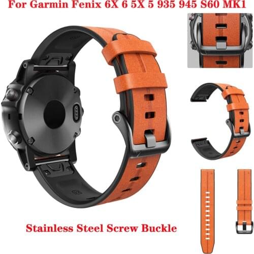 26 22mm Quick Release Watch Band Strap For Garmin Fenix 6 6X 5X 5 3HR Forerunner 935 945 S60 Genuine Leather Silicone Wristband