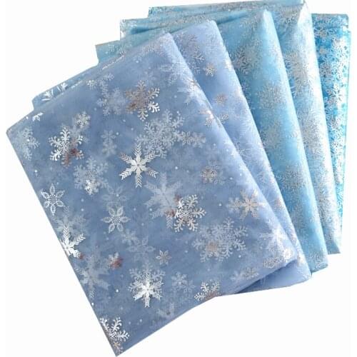 Christmas Blue Bronzing Silver Snowflake Mesh Organza Fabric By Half Yard For Sewing Childrens Skirts and Cosplay Holiday Decor