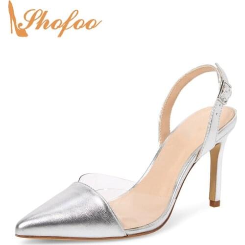 PVC Silver Black Pointed Toe High Stilettos Sandals Woman Heels Slingbacks Buckle Strap Large Size 11 12 For Ladies Clear Shoes