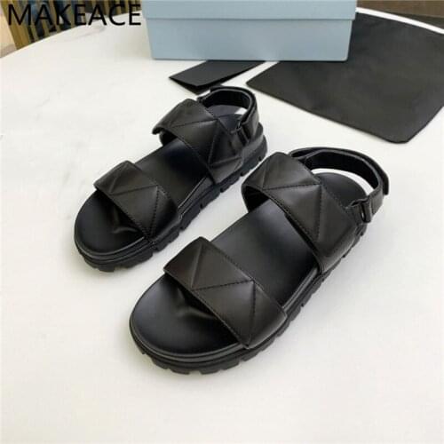 New Summer Genuine Leather Women Sandals Thick Sole Beach Vacation Shoes Ladies Black White Flats Sandals For Woman mujer 2021