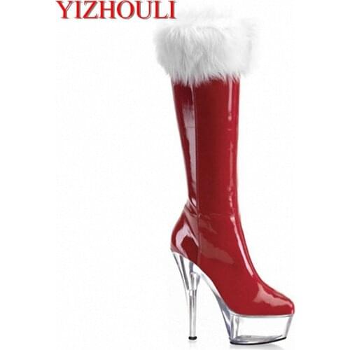 Christmas red straight boots, son Santa hair high boots, 15cm foreign trade high heels and knee ladies Dance Shoes