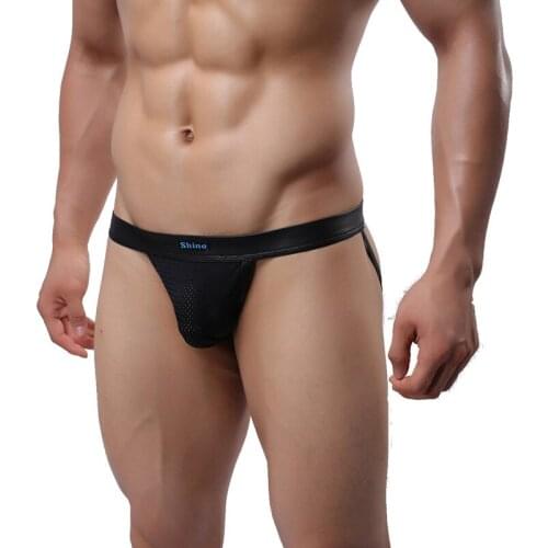 Sexy Mens Underwear Jockstrap Mesh & PU Leather Black Thongs G-string Underpants