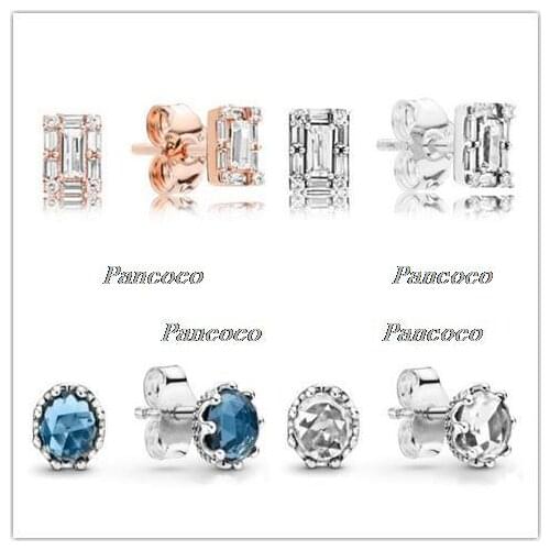 925 Sterling Silver Earring Blue Sparkling Crown Stud Earrings With Crystal For Women Wedding Gift Pandora Jewelry