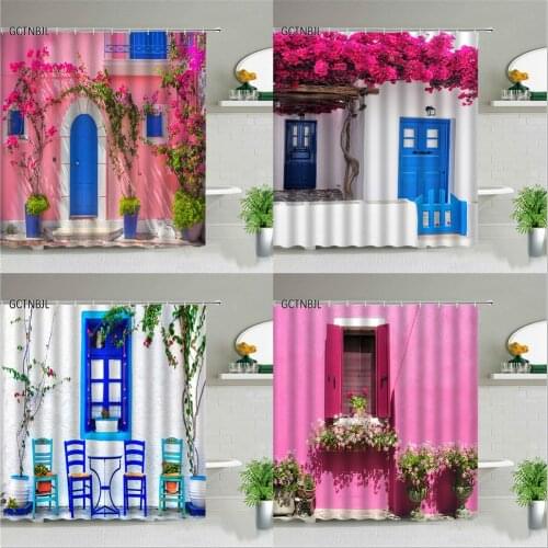 Flowers Scenery Shower Curtains Bath Mat Rugs Rural Street Non-slip Carpet Bathtub Toilet Screen Bathroom Decor Set With Hooks