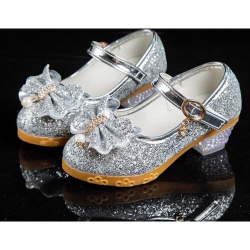 Children Crystal Bow Wedding Girls Princess Dance Silver Leather Shoes Dresses For Kids High Heels Party School Shoes 3-12 Years