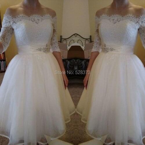YNQNFS W8 50s or 60s Off the Shoulder Boat Neck Half Sleeves Tea Length Vintage Lace Bridal Dress for Wedding Party