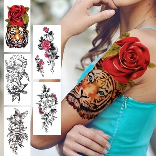 Watercolor Red 3D Rose Tiger Temporary Tattoos For Women Girls Fake Bird Snake Flower Tattoo Sticker Sweatpea Body Art Tatoos