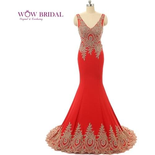 Wowbridal Luxury Red Evening Dress 2021 V-Neck Embroidery Beaded Pattern Appliqued Taffeta Ruched Long Mermaid Formal Event Gown
