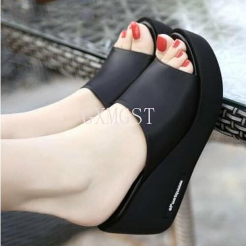 Hot Sale Women shoes Summer Fashion PU leather Leisure shoes women platform wedges Fish Mouth Sandal Thick Bottom Slippers