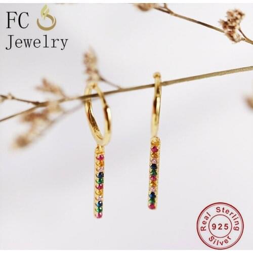 FC Jewelry 925 Sterling Silver Bar Square With Rainbow Color Blue Zirconia Drop Earring For Women Ear Accessories 2020 Fashion