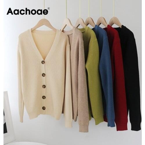 Aachoae Women Elegant V Neck Solid Cardigan 2020 Autumn Winter Casual Knitted Sweater Female Long Sleeve Single Breasted Coat