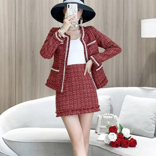 Autumn Winter Fashion Korean Tweed Two Piece Set Women Beading Woolen Long Sleeve Coat + Elegant Mini Skirt Suit