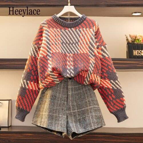 Plus Size Fall Winter Women Clothing Vinatge Long Sleeve Knitted sweater And tweed Shorts Sets 4XL Two Piece Set ensembles Femme