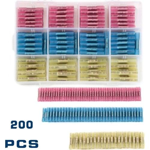 200Pcs Heat Shrink Butt Wire Connectors Waterproof Electrical Wire Splice Cable Crimping Terminals Connectors AWG 22-10 Kit