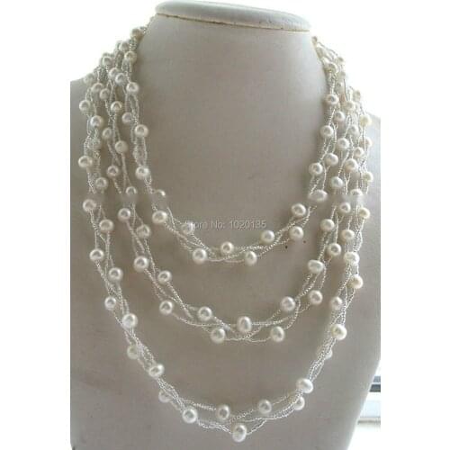 3rows freshwater pearl white round necklace 6-7mm 60" nature long wholesale bead gift hoe cheaper FPPJ