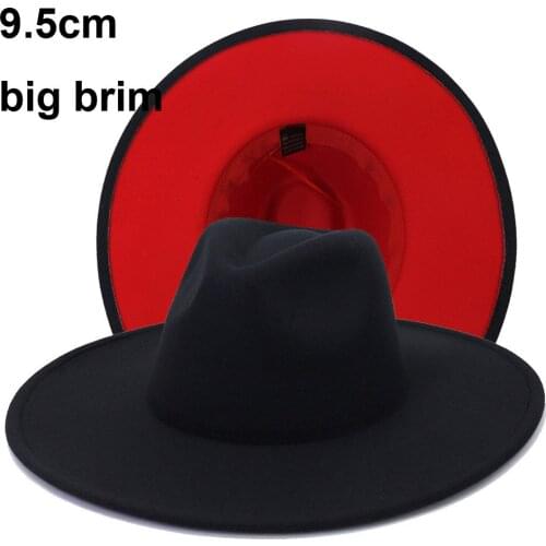 9.5cm Big Brim Women Spring Summer Hat Black Red Patchwork Wide Brim Fedora Hats Jazz Panama Men Classic Caps