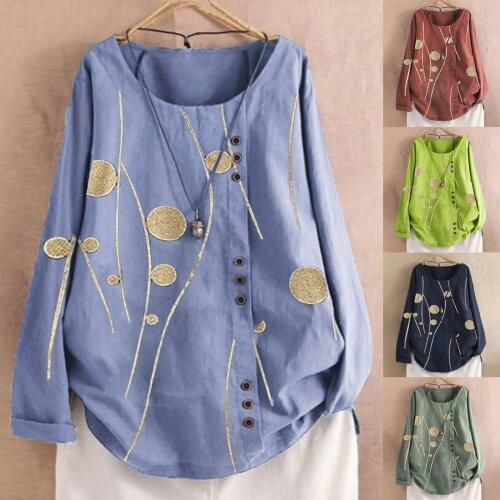 5xl Plus Size Floral Printing Shirts Tunic Buttons Casual Womens Blouse Long Sleeve Round Neck Loose Top Blouses Женская Одежда