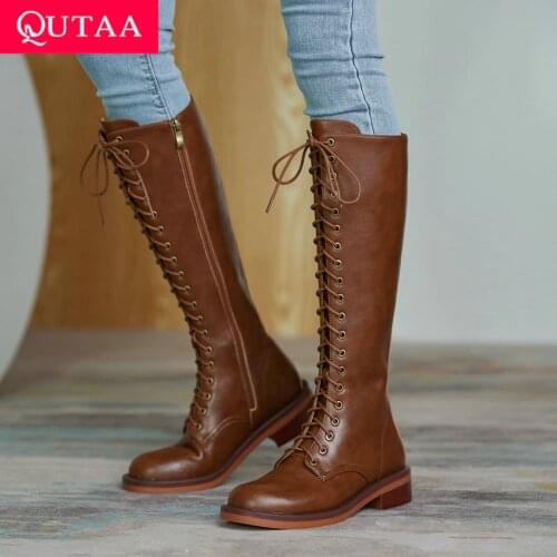 QUTAA 2021 Cow Leather Quality Knee High Boots Lace Up Zipper Winter Shoes Round Toe All Match Women Long Boots Size 34-39