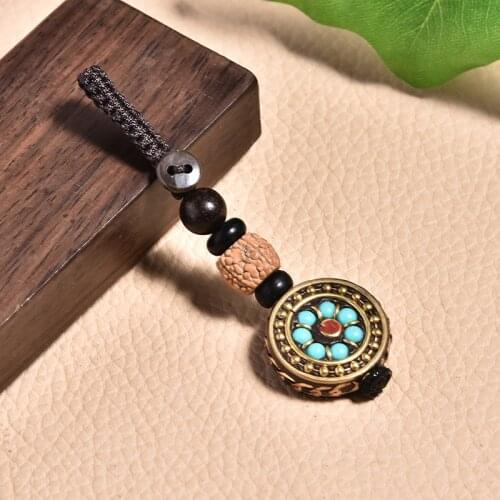 Vintage Lucky Feng Shui Keychain Brass Edging Handmade Rope Pendant Car Key Ring Charm Jewelry Accessories Mens and Ladies Gift