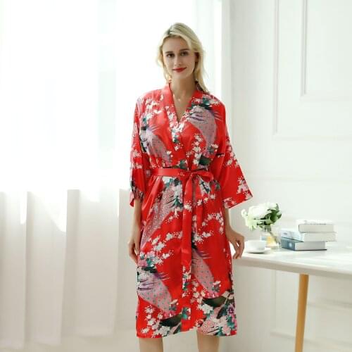 Red Wedding Bride Bridesmaid Floral Robe Satin Rayon Bathrobe Nightgown Women Kimono Yukata Long Sleepwear Nightwear
