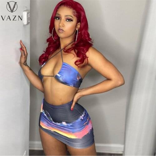 VAZN 2021 INS Swimming Beach Set Mini Skirts Sexy Young Halter Sleeveless Open 1 Piece Mini Skirts Skinny Women 2 Piece Set