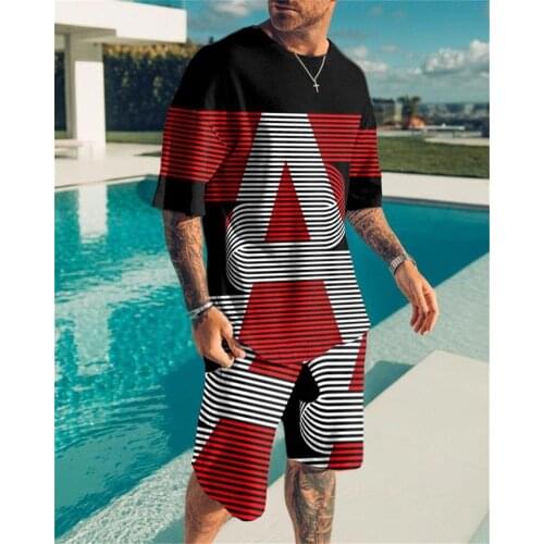 Mens sports suit T-shirt + shorts workout clothes 2-piece set of sky letters 3D solid color printing short-sleeved sportswear