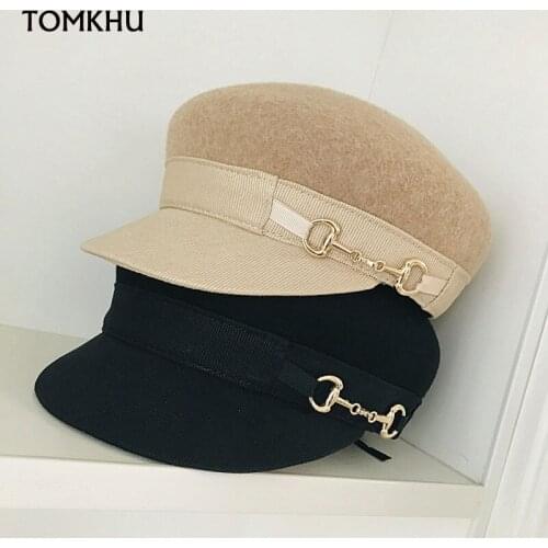 New Fashion Warm Wool Cap Chain Design Fall Winter Hat for Female Newsboy Cap Wool Visor Cabbie Fiddler Peaked Beret Baker Hats