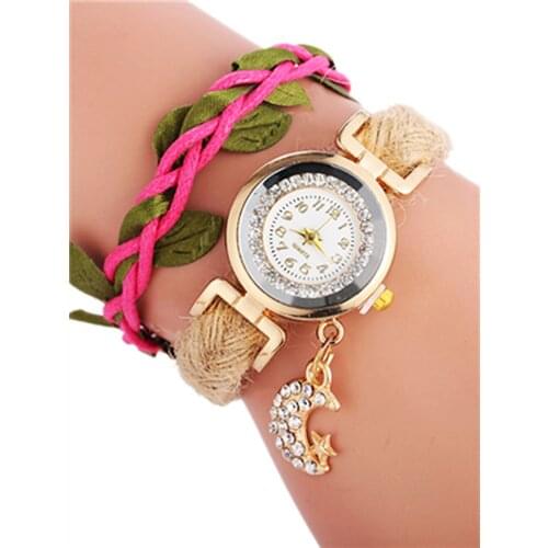 Wholesale Weave Watch Fashion Rhinestone Heart Watches Moon Pendant Quartz Watch For Ladies