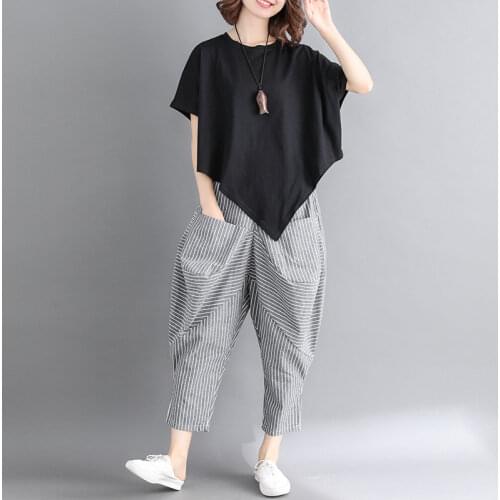 Oversizes Women Pants Sets 2021 Summer New Irregular Solid Cotton T-Shirts And Ankle Length Pant Female Pant Suits Top Quality