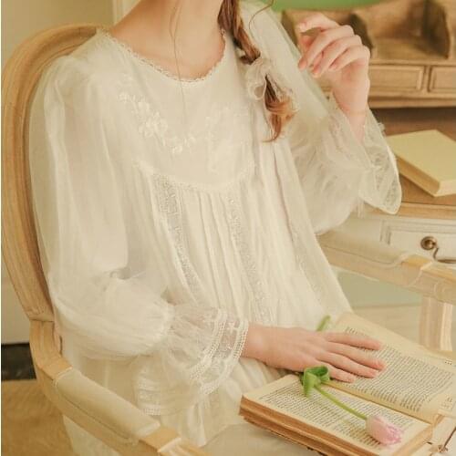 Soft Cotton Hand-made Embroidery Womens Pajamas Sets Autumn Vintage Sweet Female White Pyjamas Long Sleeve Sleepwear