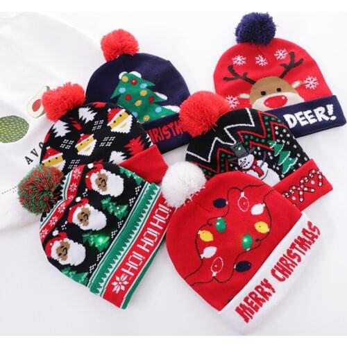 Christmas Hats Women Cute Fur Ball Hat Lady 2020 Autumn Winter Warm Hats Female Fashion Printing Wool Christmas Knitted hat Gift