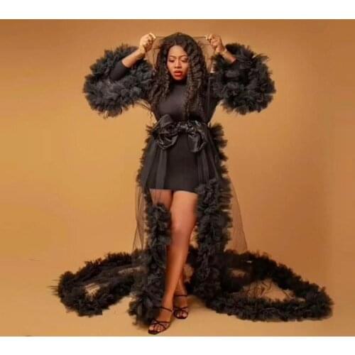 Sexy Black See Thru Long Robe For Bridal Illusion A-line Night Gowns Puff Full Sleeves Bow Women Dresses