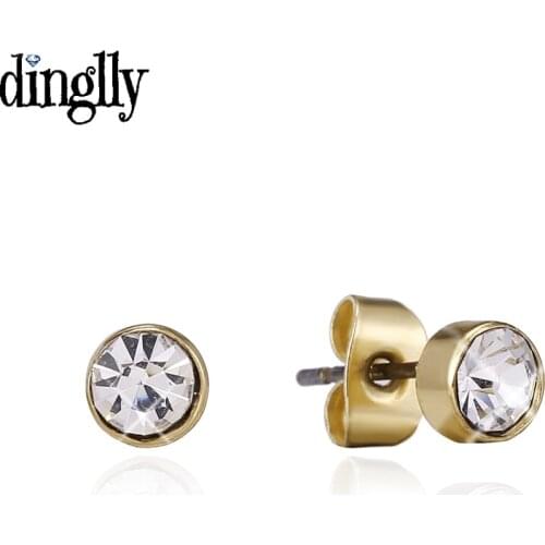 Dinglly Simple Golden Crystal Earrings For Women Girl Original Lover Couple Birthday Gift Fine Round Stud Earrings Jewelry Gift