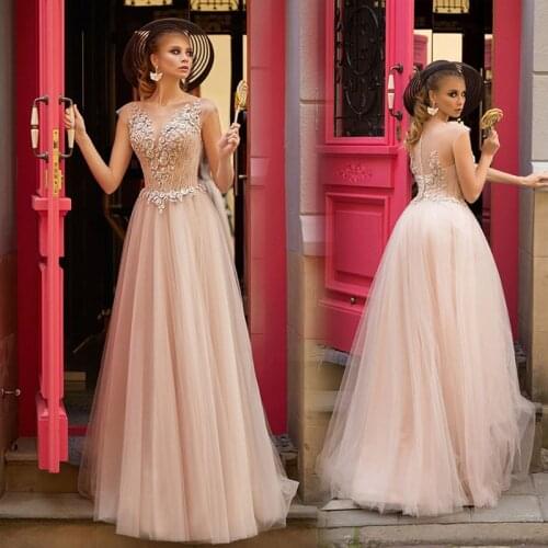 Champagne Prom Dresses 2021 Scoop Tulle Lace Flowers Party Long Prom Gown Evening Gowns Robe De Soiree