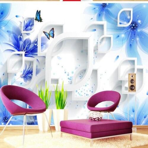 Blue Lily Flower Butterfly Mural Photo Wallpapers Roll for Living Room Home Wall Decor Floral Wallpaper Wall 3 d papel pared