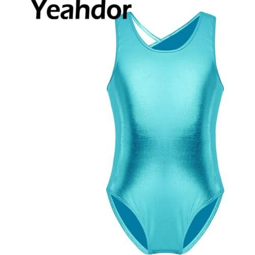 Kids Girls Ballet Dance Leotard Bodysuit Dancewear Sleeveless Open Back with Glittery Gymnastics Jumpsuit Performance Costume