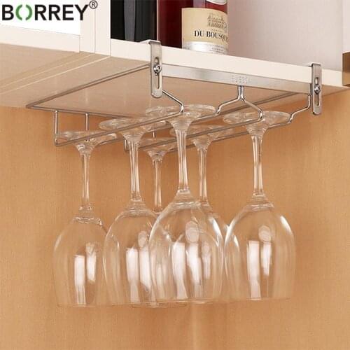 BORREY Stainless Steel Wine Rack Holder Goblet Champagne Glass Cup Holder Kitchen Cabinet Hanging Storage Wine Holder Rack Metal