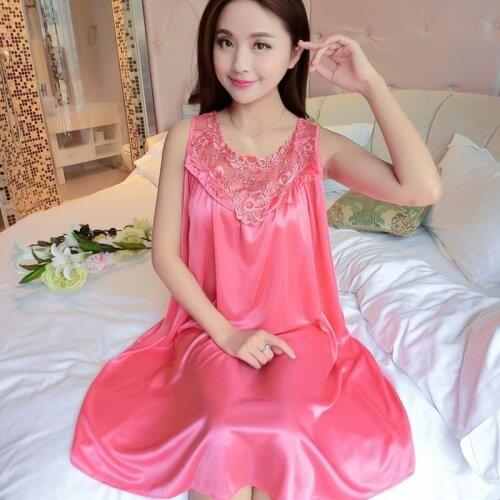 Satin Night Dress Lace Ice Silk Smooth Nightwear Sexy Women Sleepwear Summer Sleeveless Satin Nightgown Vestidos
