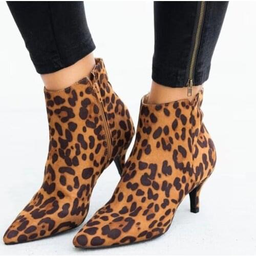 Women Suede Ankle Boot Mid Stiletto Heel Side Zip Pointed Toe Party Work Outdoor Shoe Fine Heel Leopard Print Fashion