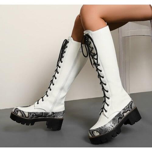 Autumn Winter Fashion Knee High Boots Women Platform Square Heel Martin Boots Ladies Comfort Round Toe Zipper Shoes Woman